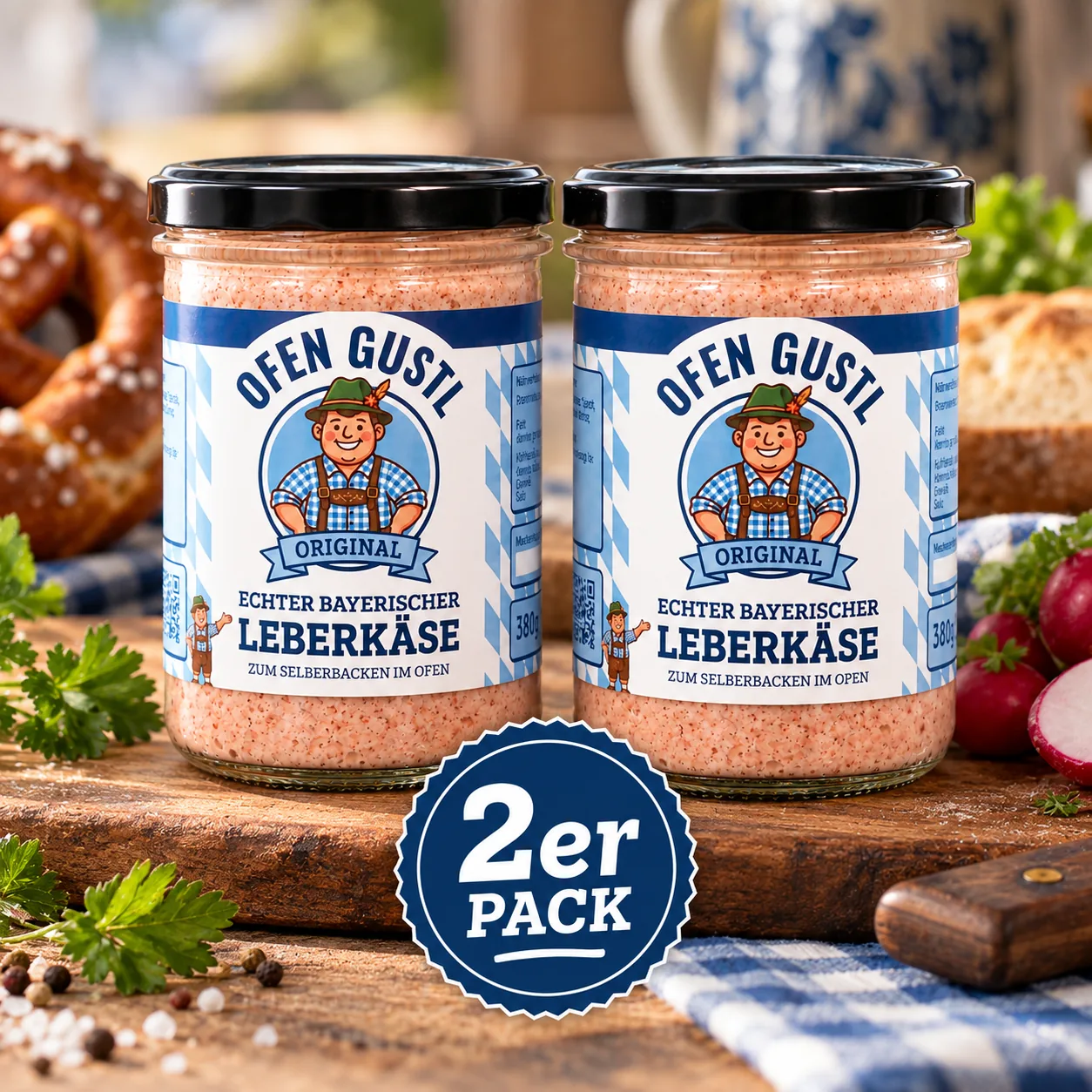 Zwei Gläser Ofen Gustl Original Leberkäse vor einer Brotzeit