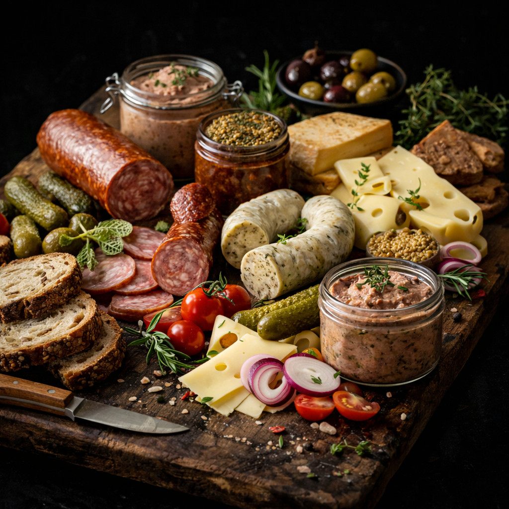 Brotzeit mit Salami, Kaese, Antipasti und Brot als ruhige Feinkostauswahl