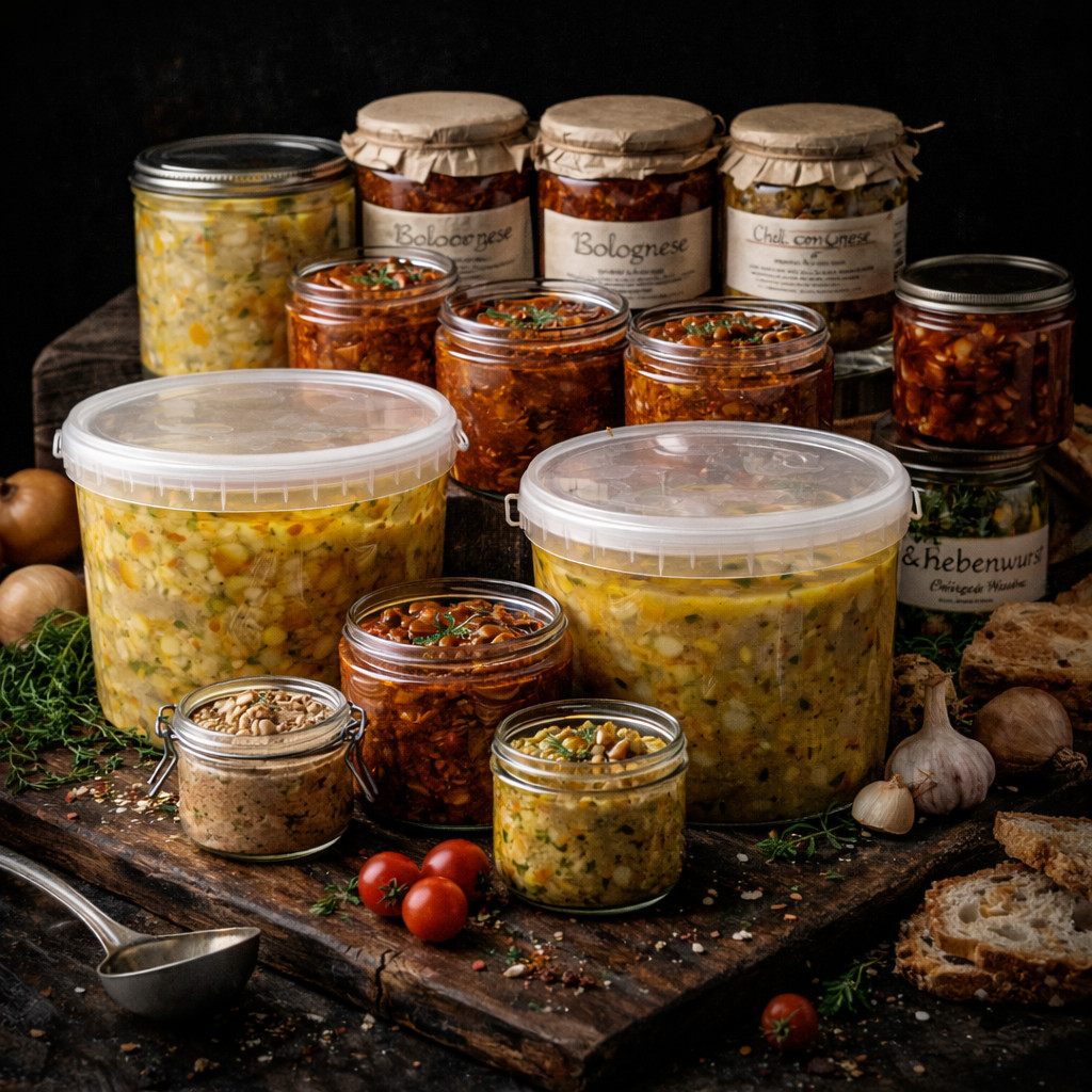 Feinkost-Vorrat mit Konserven, Fertiggerichten und haltbaren Spezialitaeten