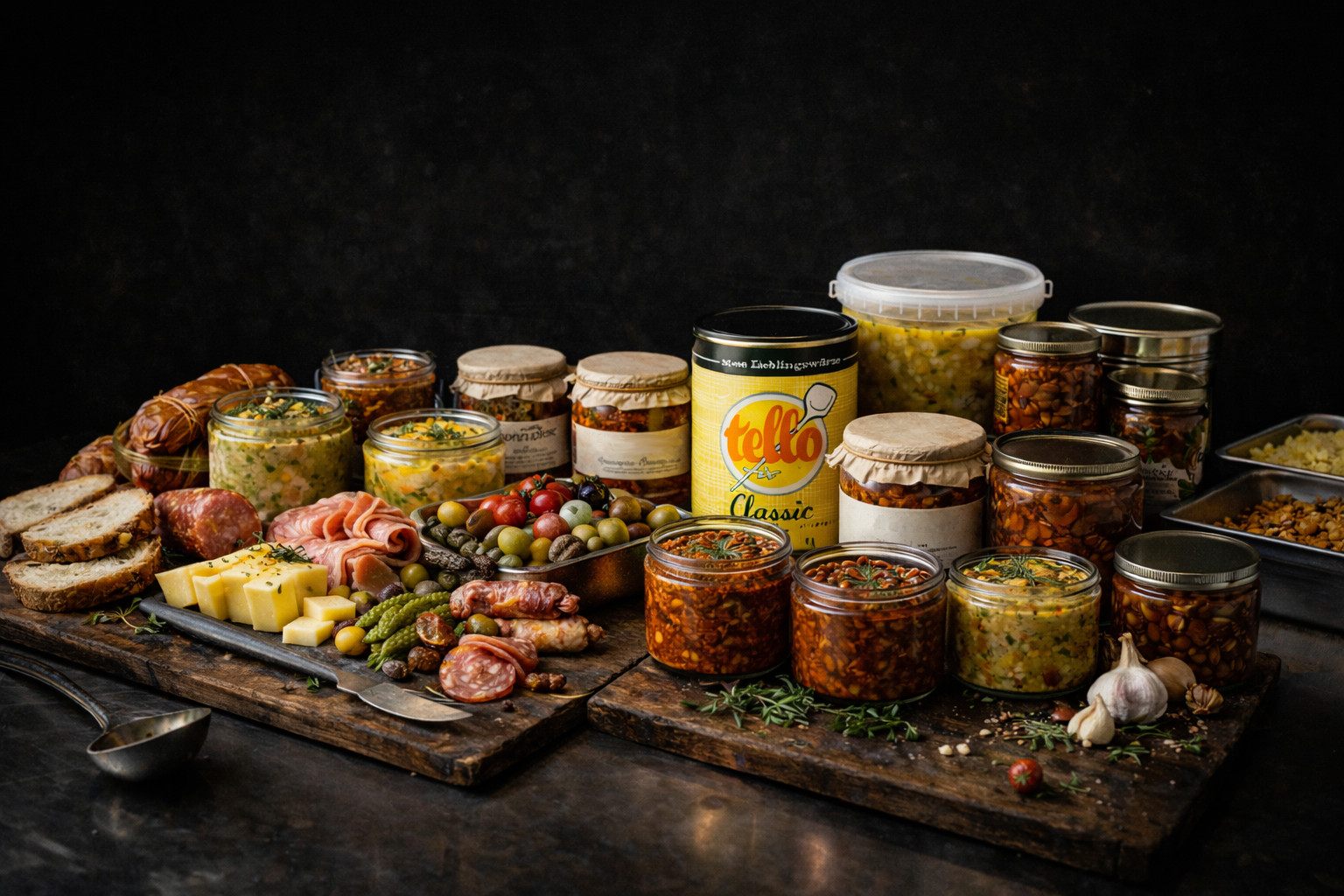 Kuratiertes Feinkostsortiment mit Wurst, Kaese und Vorratsprodukten fuer Fachhandel und Zuhause