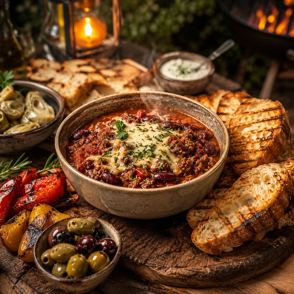 Warmes Chili mit Käse, knusprigem Grillbrot, Oliven und gegrilltem Gemüse