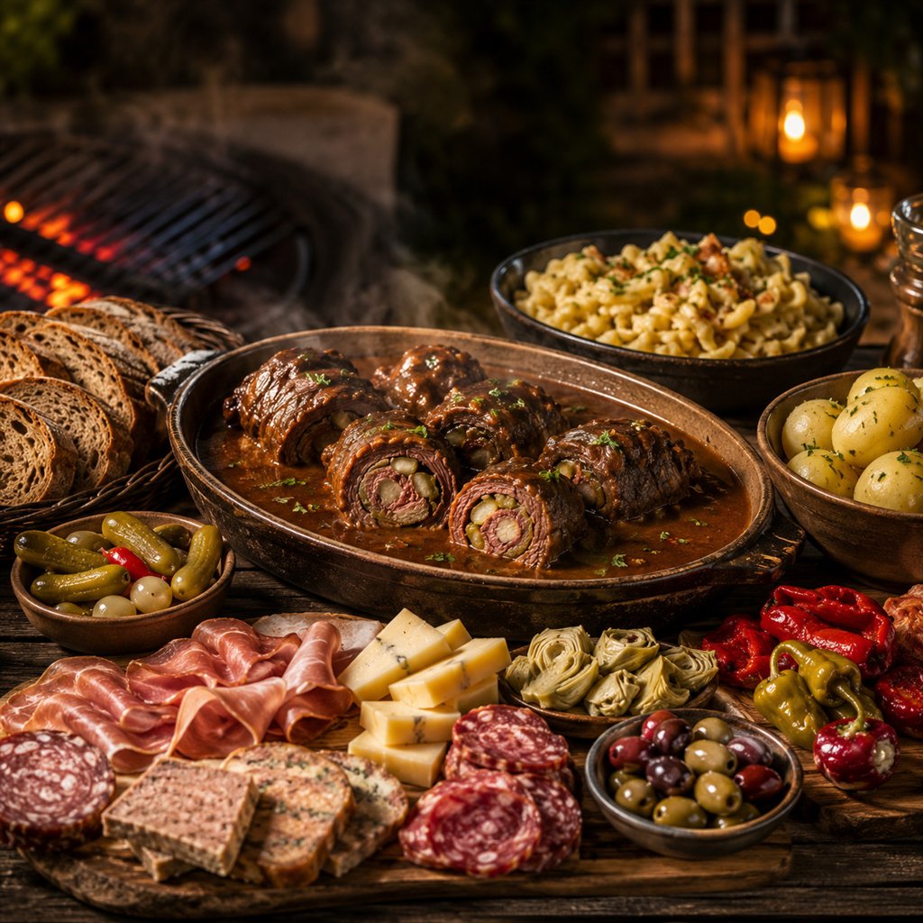 Grillbuffet mit Rouladen in Sauce, Brot, Kartoffeln, Wurst, Käse und Antipasti