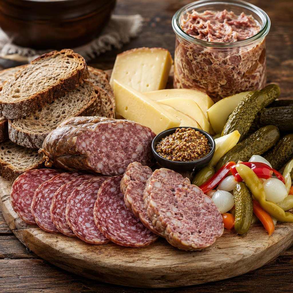 Herzhafte Brotzeit mit Hausmacher Wurst, Salami, Käse, Bauernbrot, Gurken und Senf