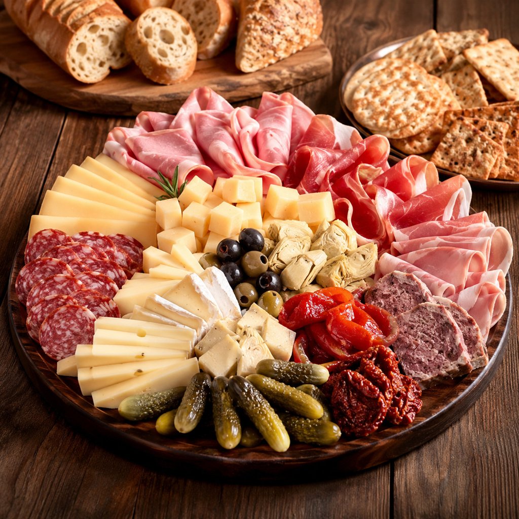 Käse- und Schinkenplatte mit Salami, Pastete, Antipasti, Brot und Crackern