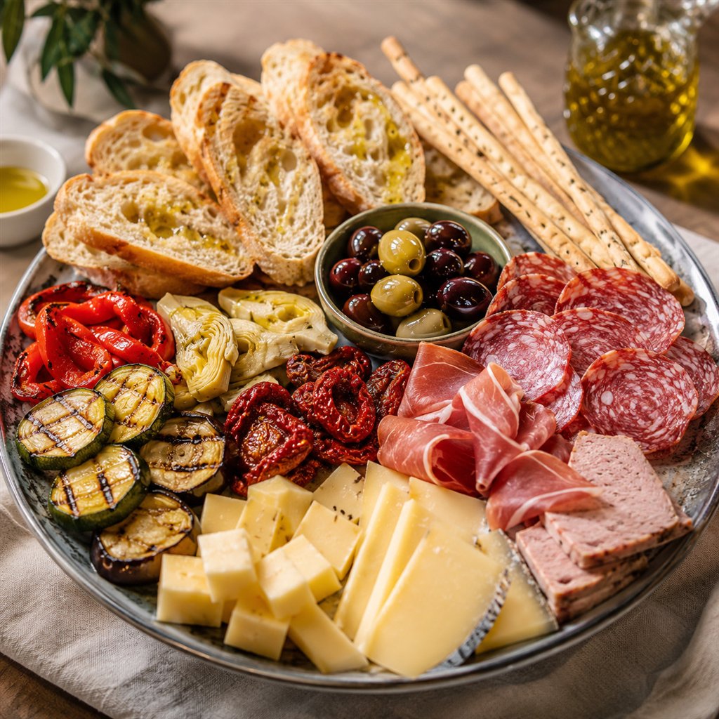 Mediterrane Antipasti-Platte mit Salami, Käse, Schinken, Brot und eingelegtem Gemüse