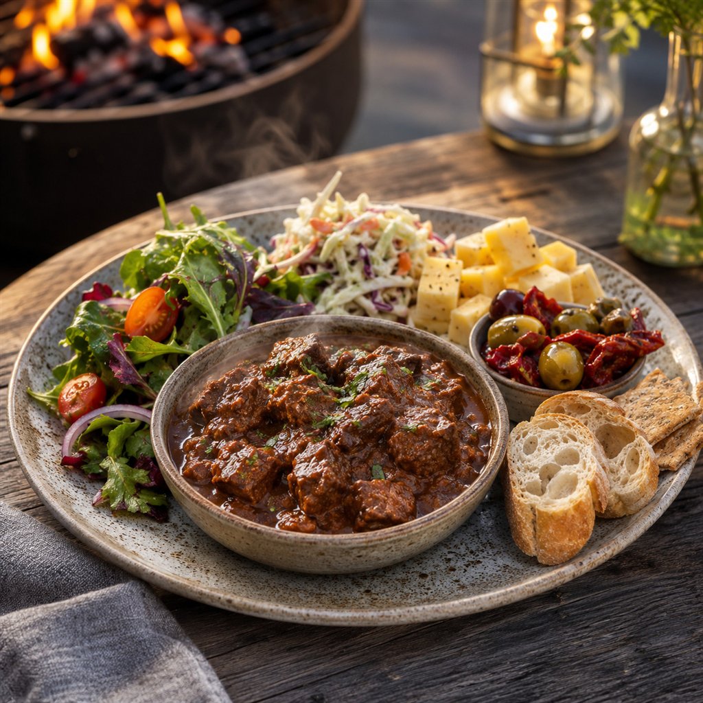Warmes Fertiggericht mit Blattsalat, Krautsalat, Käse, Antipasti und Brot am Grill