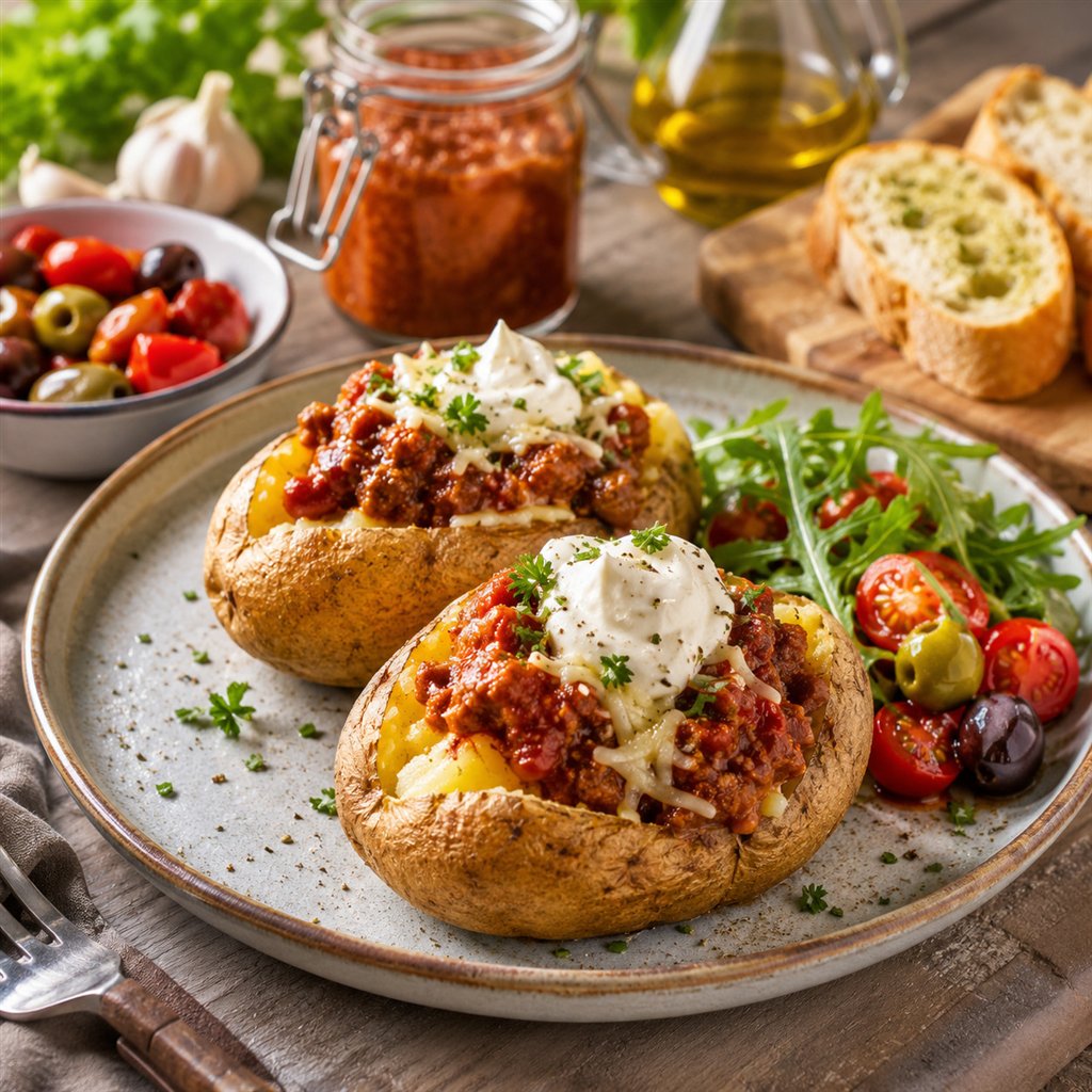 Ofenkartoffeln mit herzhaftem Fertiggericht-Topping, Schmand und Salat