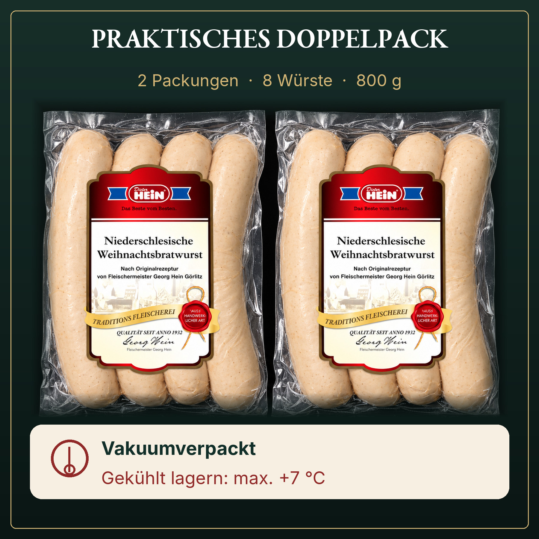 Doppelpack mit acht Würsten und Hinweis zur gekühlten Lagerung