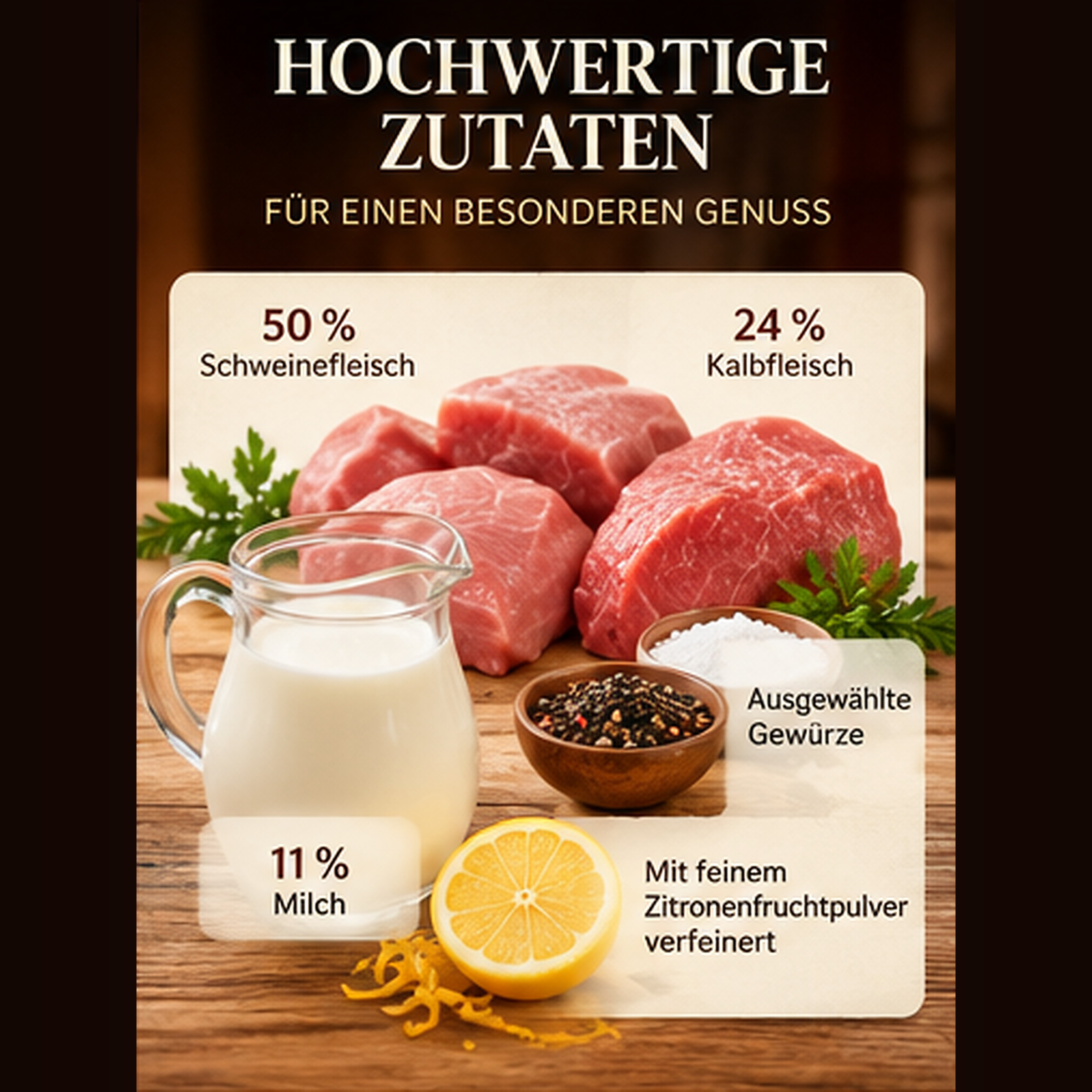 Zutatenübersicht mit Schweinefleisch, Kalbfleisch, Milch, Gewürzen und Zitronenfruchtpulver